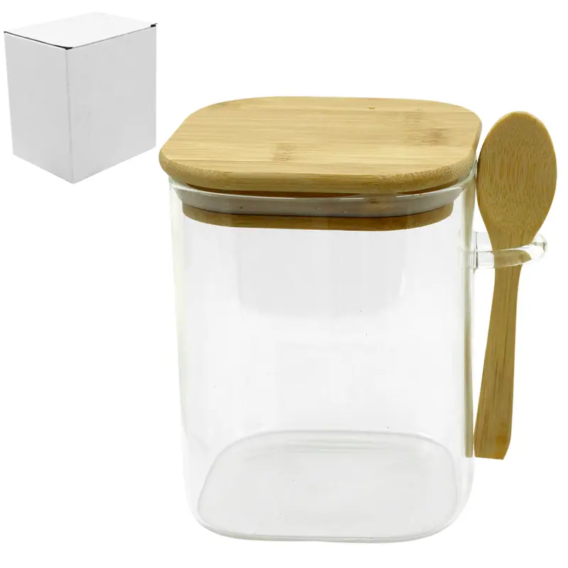 POTE DE VIDRO BOROSSILICATO LISO QUADRADO COM ALCA + COLHER E TAMPA HERMETICA MADEIRA / BAMBU 750ML
