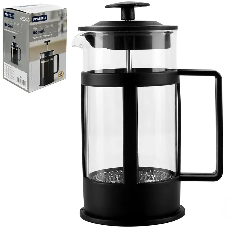 CAFETEIRA FRANCESA / CHALEIRA DE VIDRO 600ML COM TAMPA E BASE DE PLASTICO PRETO