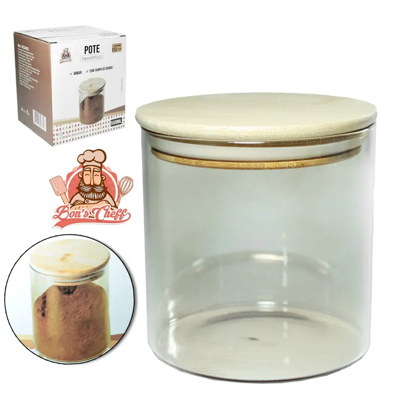 POTE DE VIDRO BOROSSILICATO AMBAR LISO REDONDO COM TAMPA HERMETICA DE MADEIRA / BAMBU 550ML BONS CHEFF