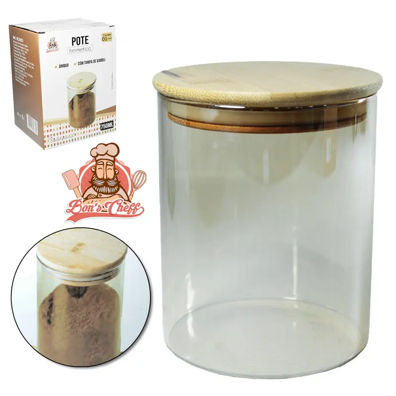 POTE DE VIDRO BOROSSILICATO AMBAR LISO REDONDO COM TAMPA HERMETICA DE MADEIRA / BAMBU 750ML BONS CHEFF