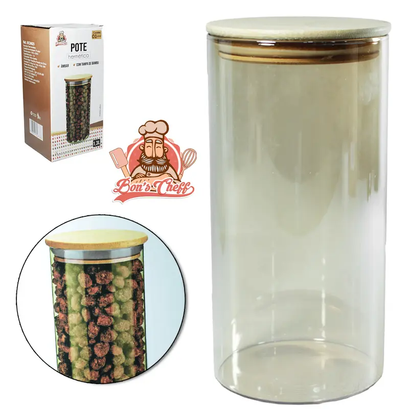 POTE DE VIDRO BOROSSILICATO AMBAR LISO REDONDO COM TAMPA HERMETICA DE MADEIRA / BAMBU 1,3L BONS CHEFF