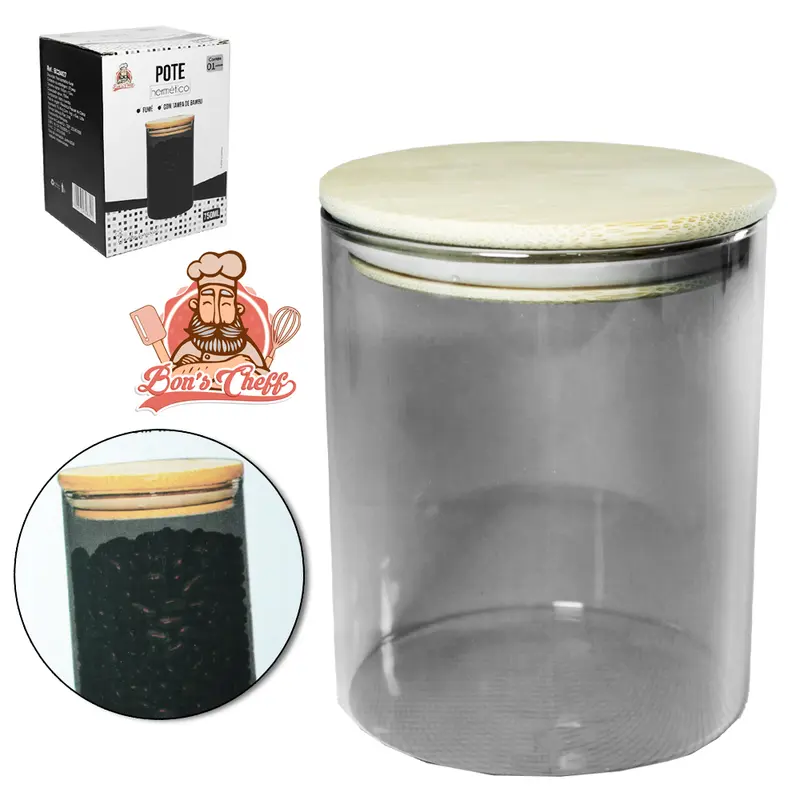 POTE DE VIDRO BOROSSILICATO FUME LISO REDONDO COM TAMPA HERMETICA DE MADEIRA / BAMBU 750ML BONS CHEFF