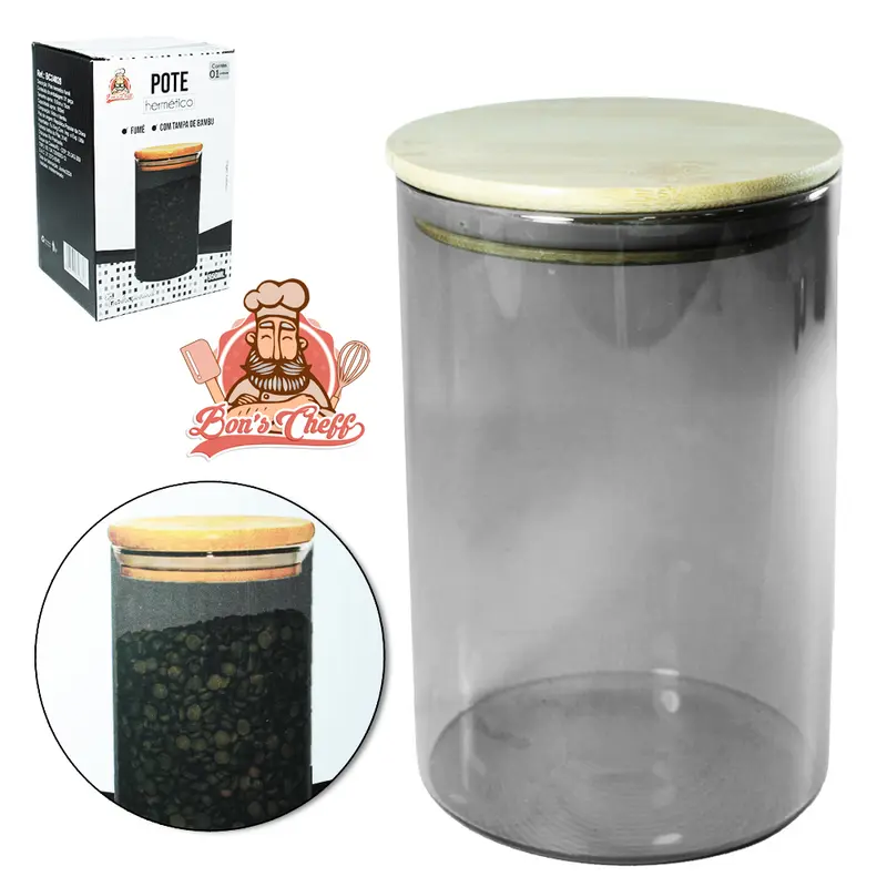 POTE DE VIDRO BOROSSILICATO FUME LISO REDONDO COM TAMPA HERMETICA DE MADEIRA / BAMBU 950ML BONS CHEFF