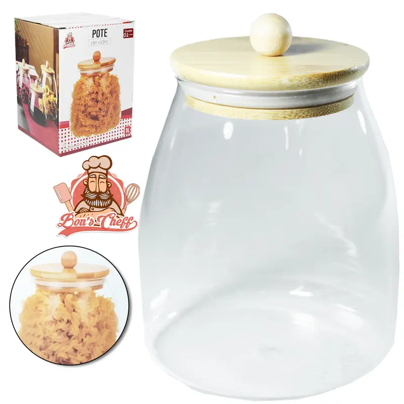 POTE DE VIDRO BOROSSILICATO LISO BOJUDO COM TAMPA HERMETICA DE MADEIRA / BAMBU COM POMEL 1L BONS CHEFF