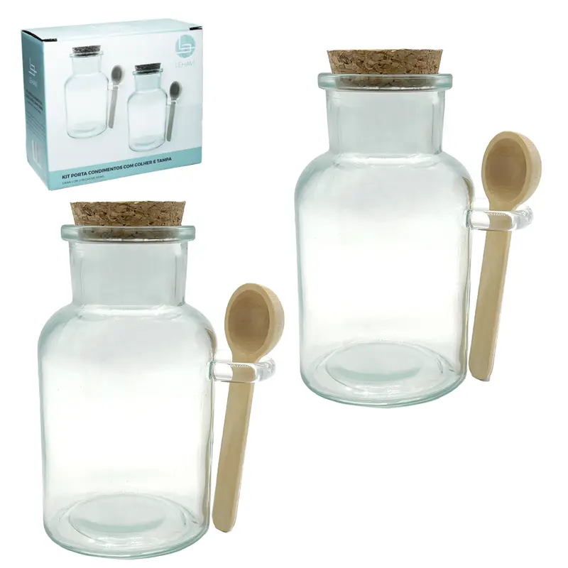 ACUCAREIRO / PORTA CONDIMENTO DE VIDRO COM ALCA 2 PECAS 100ML + COLHER DE BAMBU E TAMPA CORTICA
