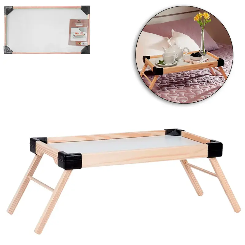 MESA BANDEJA DE MADEIRA PINUS RETANGULAR STRONG COM PES RETRATEIS QUINA PRETA 47X27X20CM