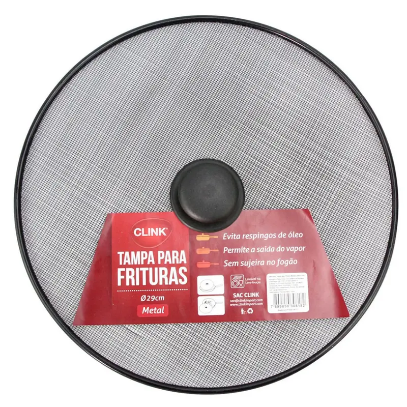 TAMPA / TELA DE METAL PARA FRITURA COM PEGADOR DE PLASTICO PRETO 29CM DE Ø