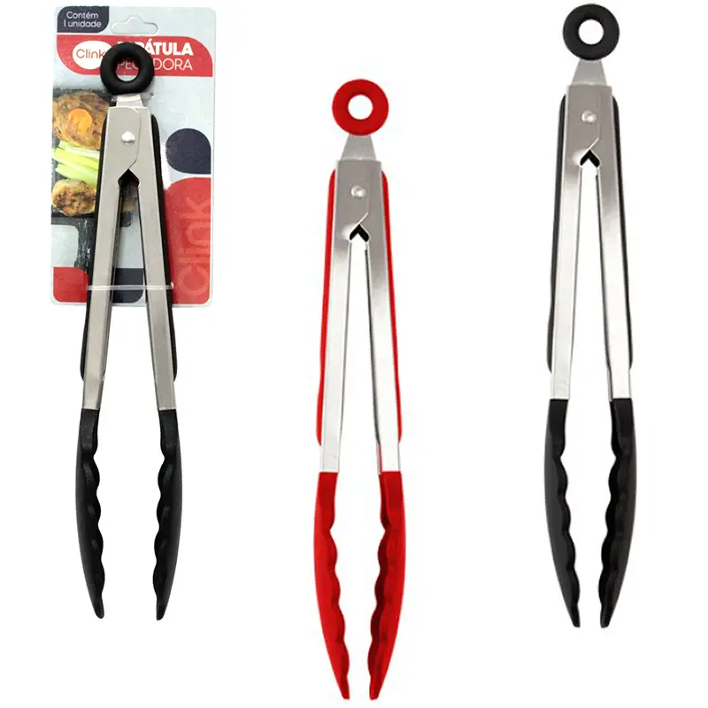PEGADOR MULTIUSO DE SILICONE CABO INOX + MOLA E TRAVA 27CM NA CARTELA