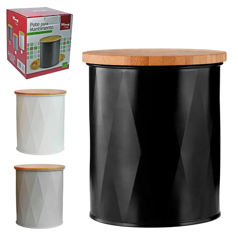 POTE DE LATA REDONDO PARA MANTIMENTOS COM TAMPA DE BAMBU 1100ML