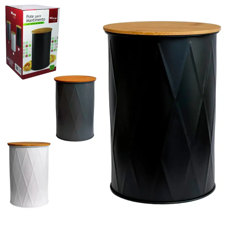 POTE DE LATA REDONDO PARA MANTIMENTOS COM TAMPA DE BAMBU 1700ML