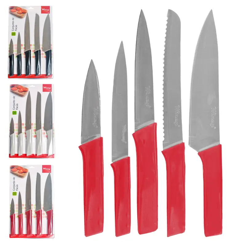 CONJUNTO DE FACA DE COZINHA DE INOX CABO PLASTICO VERMELHO 5 PECAS