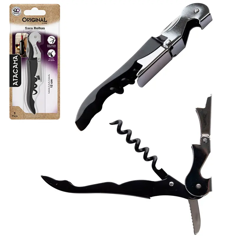 ABRIDOR DE GARRAFA / SACA ROLHA / CANIVETE PAPAGAIO DE INOX 3 EM 1 12X2CM ATACAMA NA CARTELA