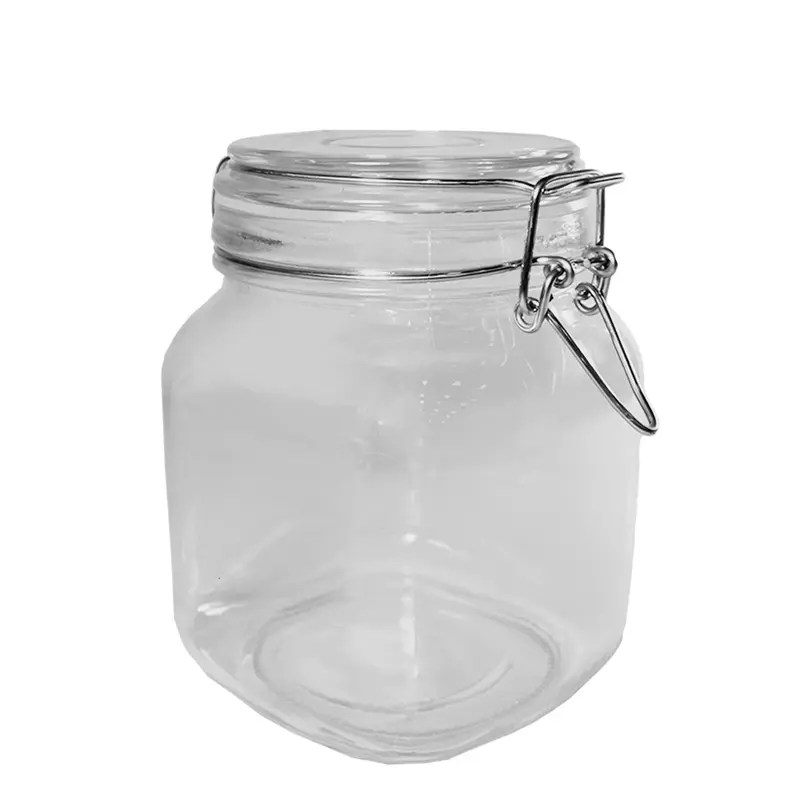POTE DE VIDRO QUADRADO COM TAMPA HERMETICA DE VIDRO E FECHO 1100ML