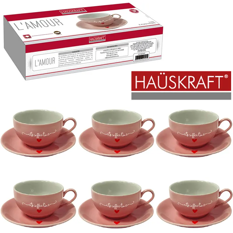 JOGO DE XICARA DE PORCELANA COM PIRES PARA CHA ITS COFFEE TIME L'AMOUR ROSA HAUSKRAFT 12 PECAS 160ML