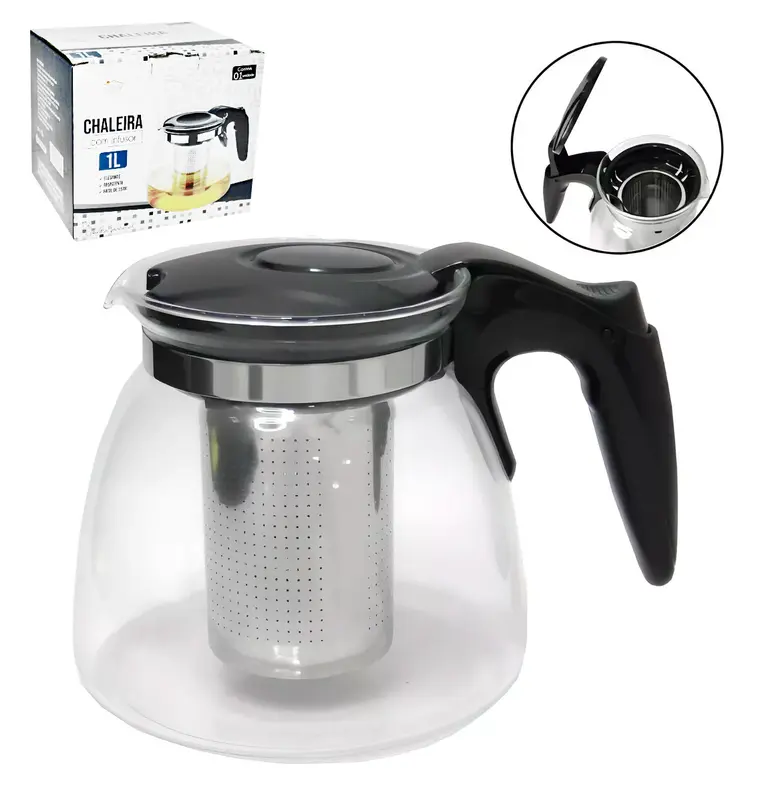 CHALEIRA DE VIDRO BOROSSILICATO COM INFUSOR DE INOX + ALCA E TAMPA DE PLASTICO 1000ML