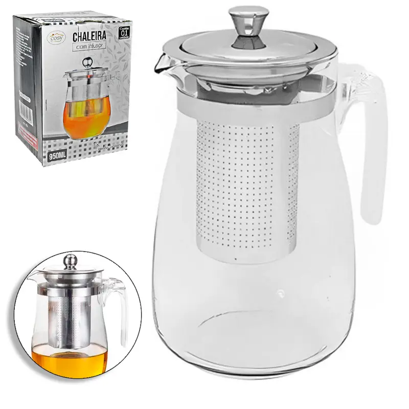 CHALEIRA DE VIDRO BOROSSILICATO COM INFUSOR + TAMPA DE INOX E ALCA DE ACRILICO 950ML