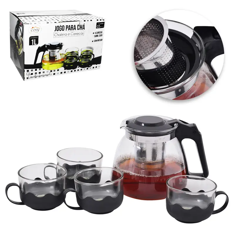 CHALEIRA DE VIDRO COM 4 XICARAS + INFUSOR + TAMPA E ALCA DE PLASTICO 1000 / 150ML