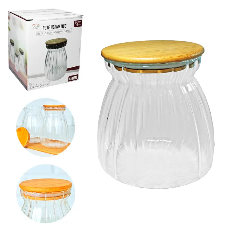 POTE DE VIDRO BOROSSILICATO REDONDO COM TAMPA HERMETICA DE MADEIRA / BAMBU 450ML
