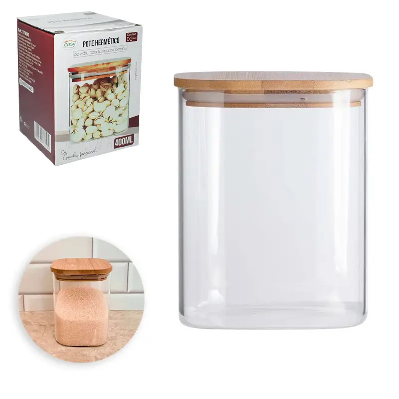 POTE DE VIDRO BOROSSILICATO LISO QUADRADO COM TAMPA HERMETICA DE MADEIRA / BAMBU 400ML