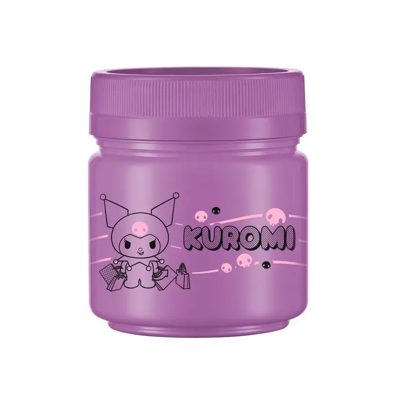 POTE DE PLASTICO REDONDO LILAS KUROMI EMPILHAVEL COM TAMPA DE ROSCA 150ML