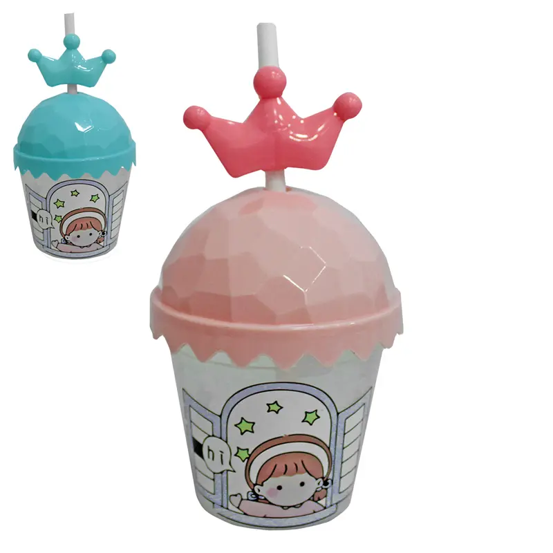 COPO COM TAMPA E CANUDO DE PLASTICO COROA 300ML