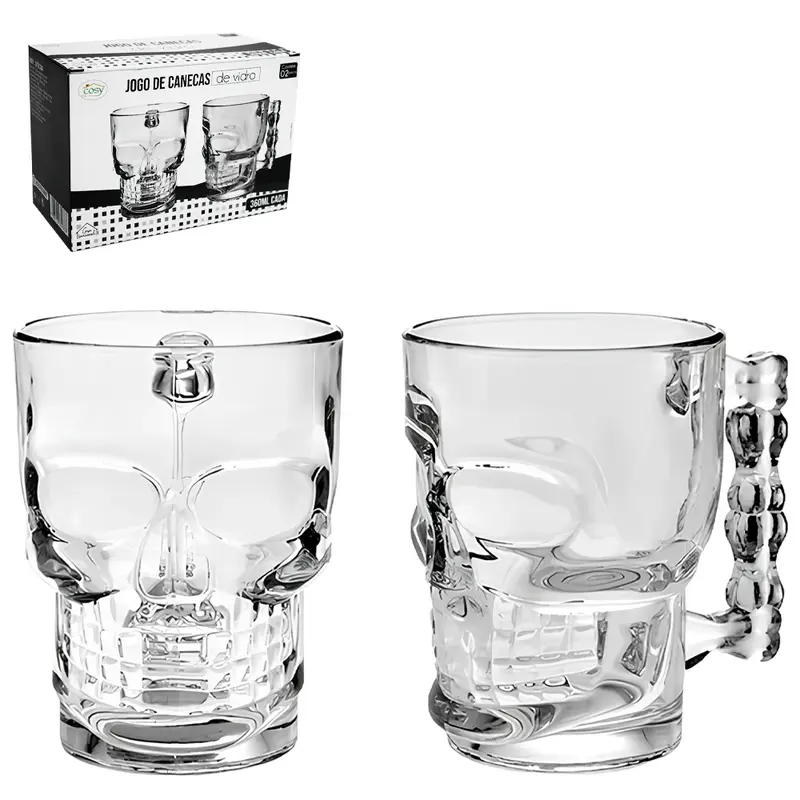 CANECA DE VIDRO CAVEIRA PARA CHOPP 360ML COM 2 PECAS