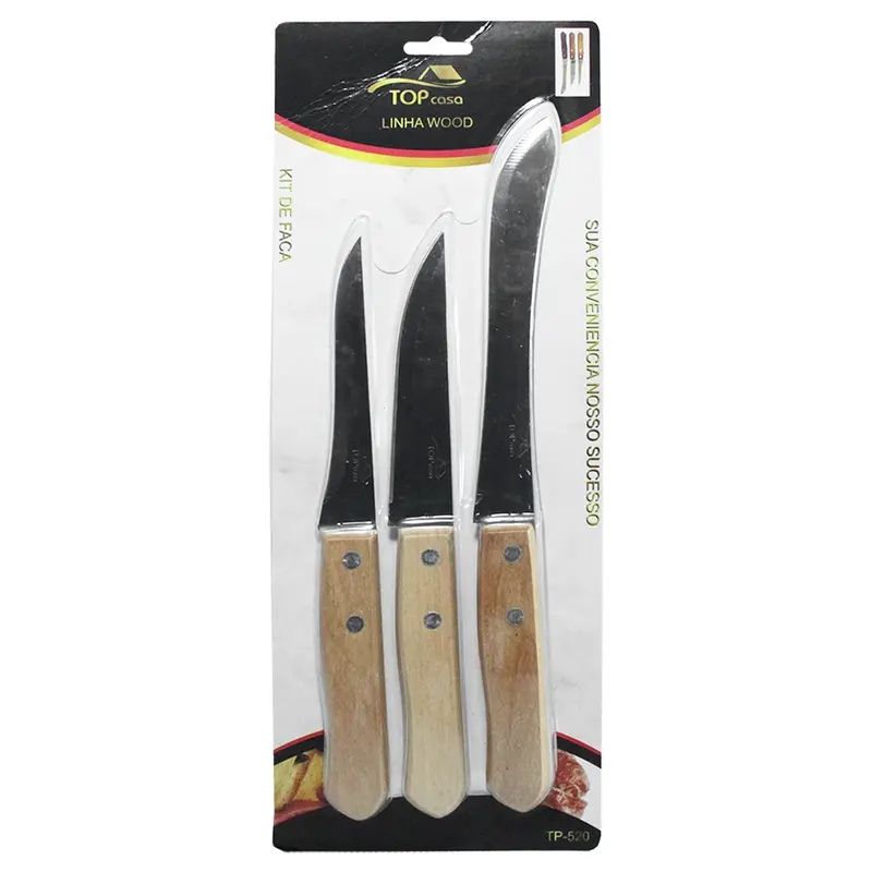 CONJUNTO DE FACA DE COZINHA DE INOX CABO MADEIRA WOOD TOP CASA 3 PECAS