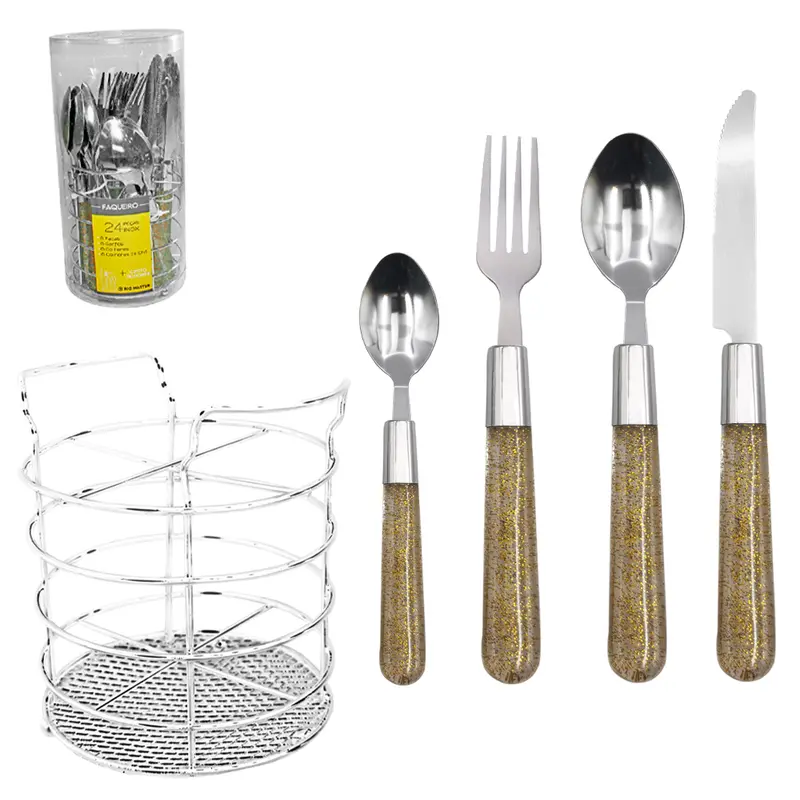 CONJUNTO DE TALHERES / FAQUEIRO DE INOX COM 24 PECAS CABO PLASTICO COM GLITER OURO + ESCORREDOR
