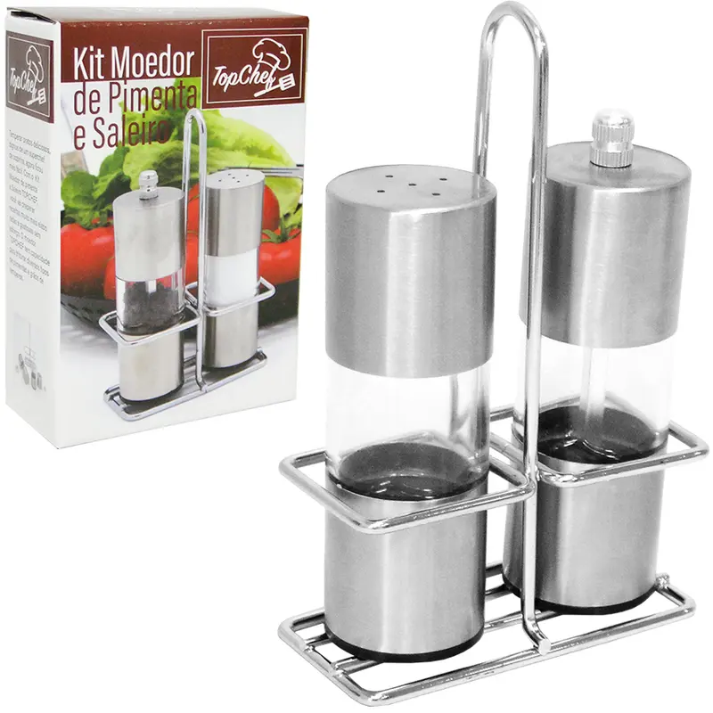 PORTA TEMPERO / MOEDOR COM SALEIRO DE VIDRO / INOX + SUPORTE ARAMADO CROMADO NA CAIXA
