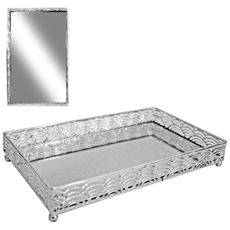 BANDEJA DE METAL COM ESPELHO RETANGULAR DECORATIVA METALIZADO PRATA 25X15X4CM