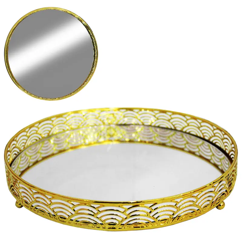 BANDEJA DE METAL COM ESPELHO REDONDO DECORATIVA METALIZADO DOURADO 4,5X25CM DE Ø