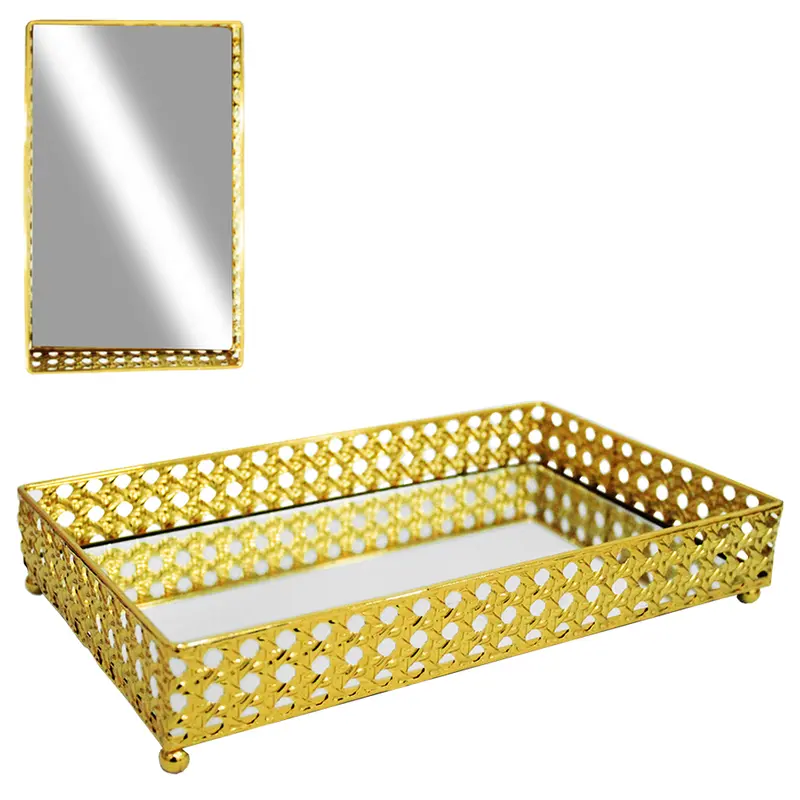 BANDEJA DE METAL COM ESPELHO RETANGULAR DECORATIVA METALIZADO DOURADO 25X15X4CM