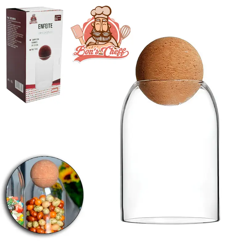 ENFEITE DECORATIVO POTE DE VIDRO BOROSSILICATO REDONDO PARA MANTIMENTOS COM TAMPA BOLA CORTICA 800ML BONS CHEFF