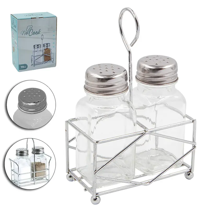 PORTA CONDIMENTO DE VIDRO COM 2 PECAS 70ML + SUPORTE ARAMADO CROMADO NEX COOK