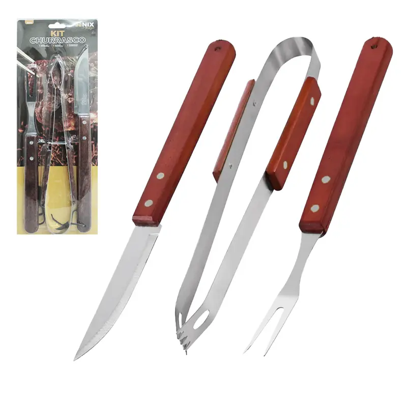 CONJUNTO DE FACA DE CHURRASCO 5,5'' + GARFO 5,5'' E PEGADOR 32,8CM DE INOX CABO MADEIRA