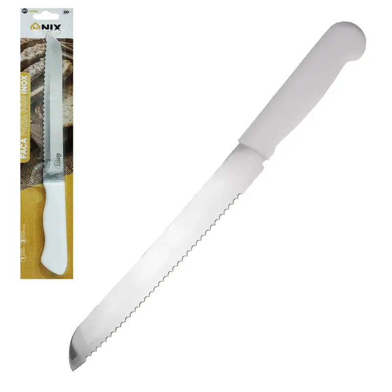 FACA DE PAO DE INOX 8'' CABO PLASTICO BRANCO