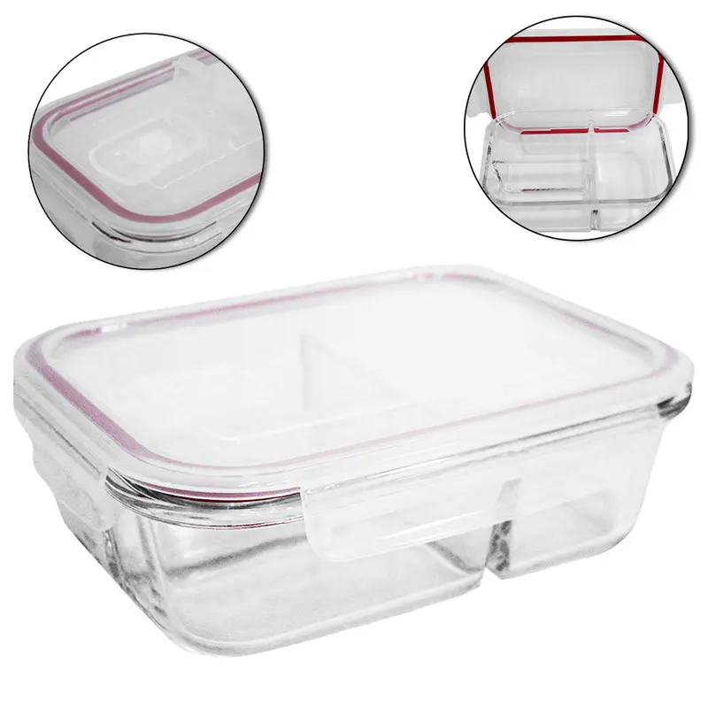 POTE DE VIDRO BOROSSILICATO RETANGULAR COM 3 DIVISORIAS + TAMPA HERMETICA VERMELHO + VALVULA E TRAVA 1L