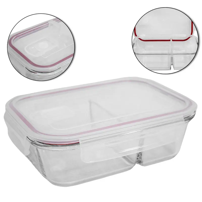 POTE DE VIDRO BOROSSILICATO RETANGULAR COM 2 DIVISORIAS + TAMPA HERMETICA VERMELHO + VALVULA E TRAVA 1L