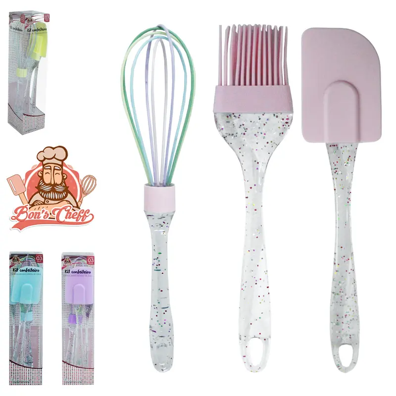 KIT CONFEITEIRO UTENSILIOS BATEDOR CLARA / ESPATULA PAO DURO / PINCEL CABO ACRILICO GLITTER BONS CHEFF