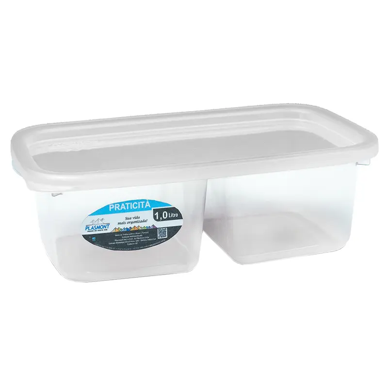 POTE DE PLASTICO RETANGULAR PRATICITA TRANSPARENTE COM 2 DIVISORIAS + TAMPA 1L