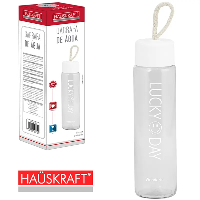 GARRAFA DE VIDRO LUCKY DAY COM TAMPA DE PLASTICO BRANCO HAUSKRAFT 360ML NA CAIXA