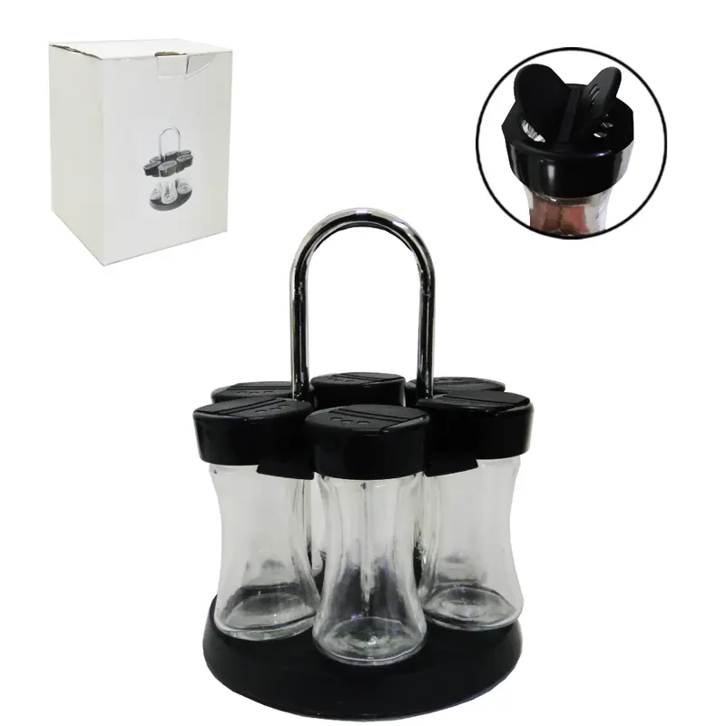 PORTA CONDIMENTO DE VIDRO COM 6 PECAS 80ML + SUPORTE GIRATORIO PLASTICO