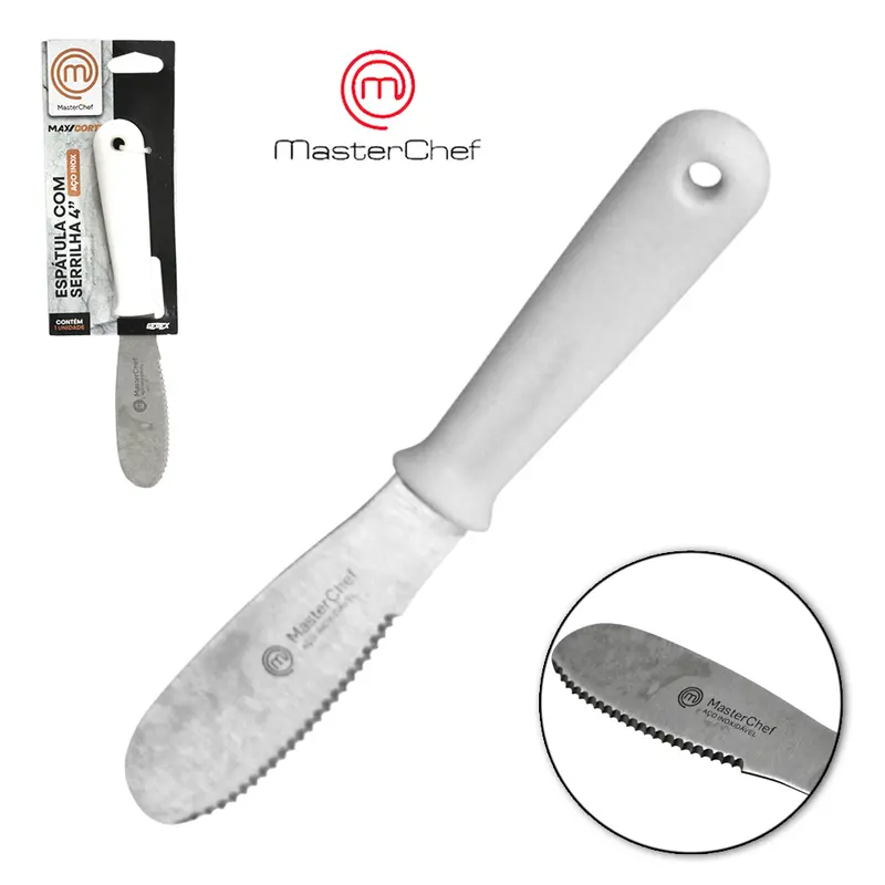 ESPATULA PATE / MANTEIGA DE INOX COM SERRILHA 4'' CABO PLASTICO BRANCO