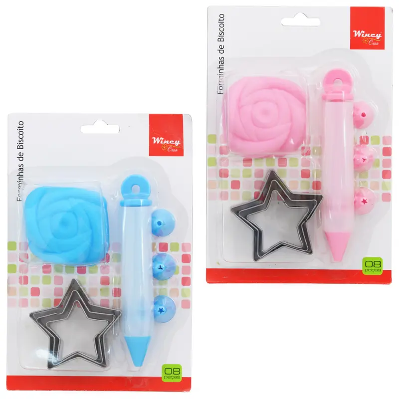 CORTADOR MOLDE DE INOX PARA BISCOITO ESTRELA COM FORMA DE SILICONE + DECORADOR / BISNAGA 4 BICOS 8 PECAS