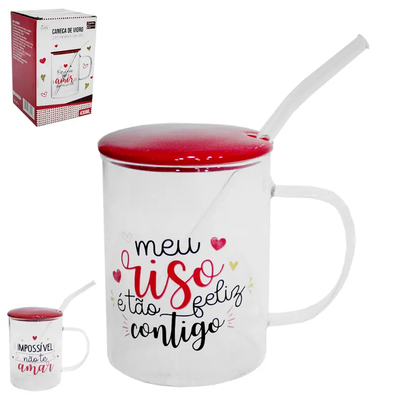 CANECA DE VIDRO BOROSSILICATO FRASES 430ML + CANUDO COM TAMPA DE PORCELANA