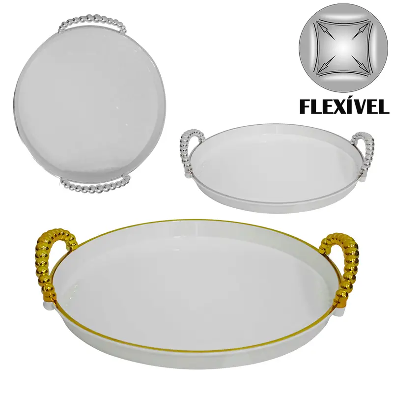 BANDEJA DE PLASTICO PET FLEXIVEL REDONDA COM ALCA PEROLA + BORDA DOURADA / PRATA 6X27,5CM DE Ø