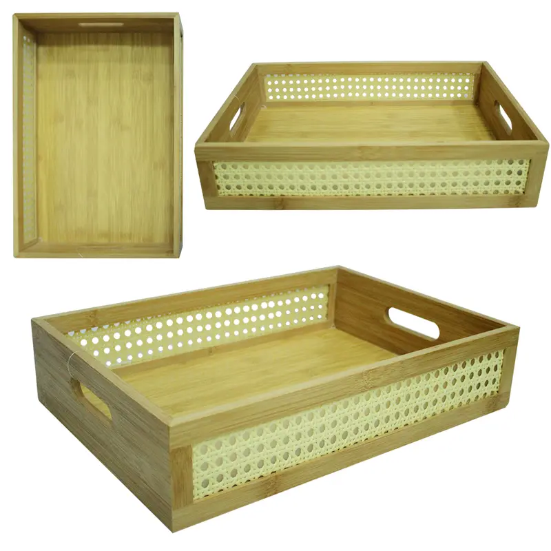 BANDEJA CESTO DE BAMBU RETANGULAR VAZADO COM ALCA STIL DECOR 33X22X9CM