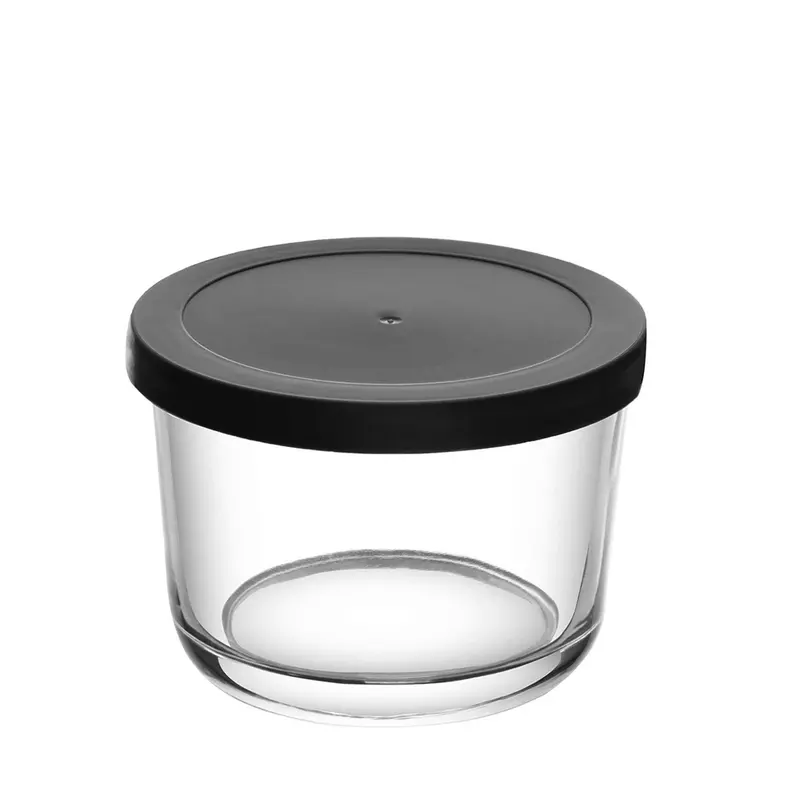 POTE DE VIDRO REDONDO COM TAMPA DE PLASTICO PRETA 200ML