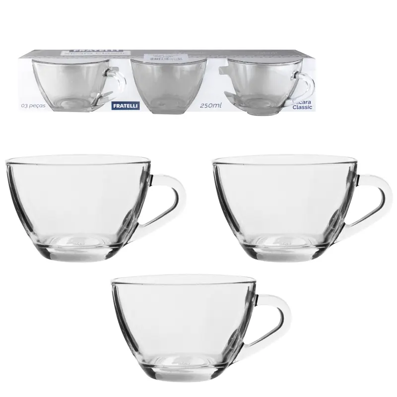 JOGO DE CANECA XICARA DE VIDRO PARA CHA CLASSIC COM 3 PECAS 250ML