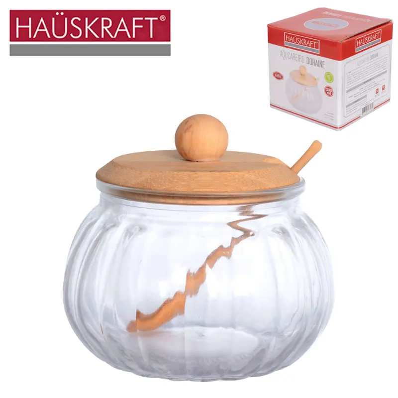 ACUCAREIRO / PORTA CONDIMENTO DE VIDRO DORAINE COM COLHER + TAMPA DE BAMBU HAUSKRAFT 230ML